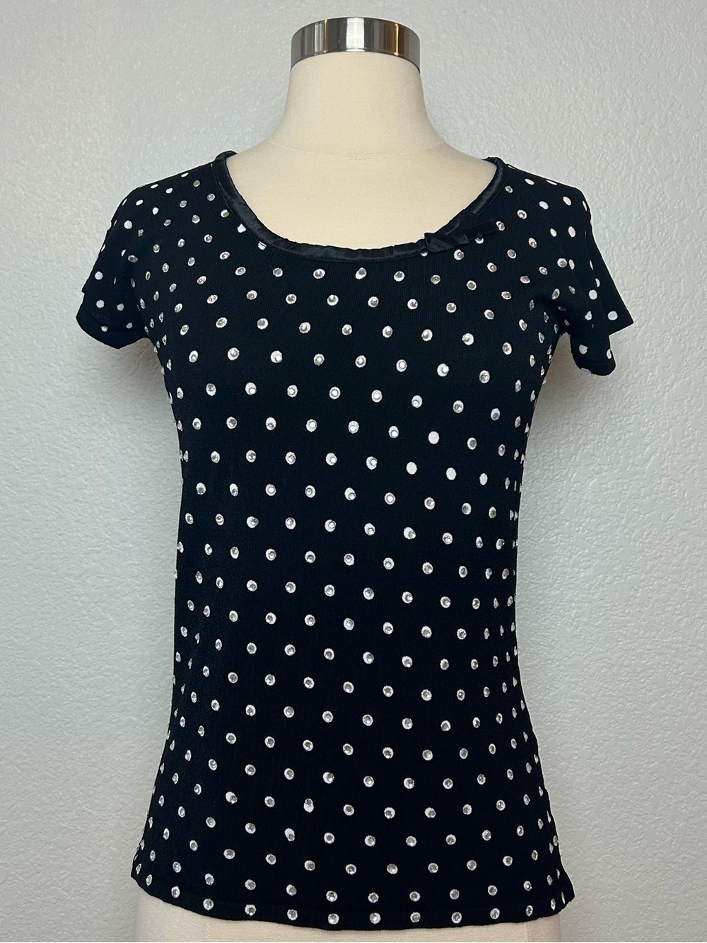 NABABILA Shirt Women's Size S Black White Polka Dot Rhinestone Pullover Top